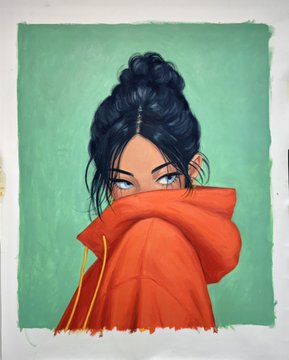 Stylized illustration/painting of a woman with dark hair in a bun peeking over the collar of an orange hoodie against a mint green background.