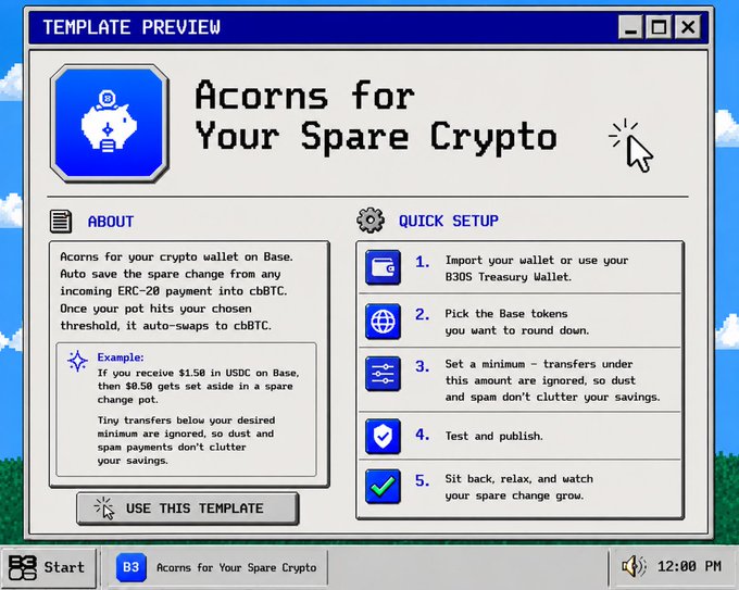 A retro Windows-style template preview interface for 'Acorns for Your Spare Crypto,' a Base blockchain template that rounds up crypto transactions into savings.