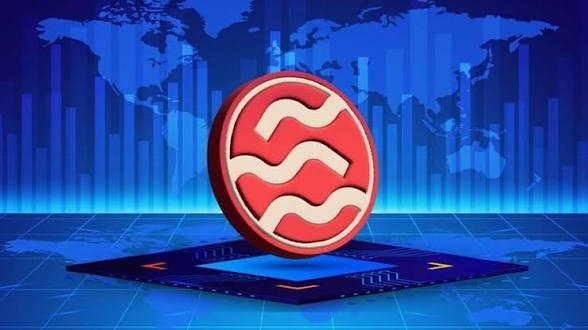 A 3D rendering of a red and white wavy logo coin floating on a chip against a blue world map background.