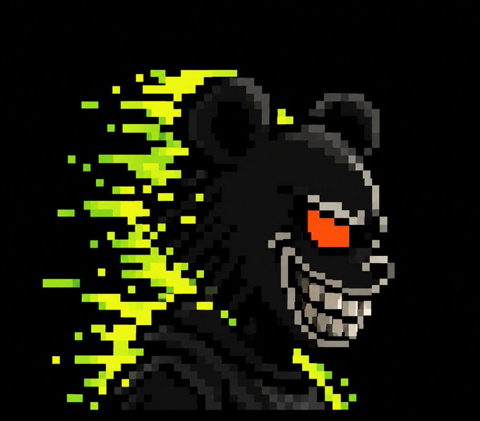 A pixel art illustration of a menacing black skull with a sinister grin and red eye, surrounded by glitchy green and yellow particles against a dark background.