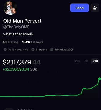 A screenshot of a social media profile for 'Old Man Pervert' (@TheOnlyOMP) showing a portfolio value of $2,117,379.44 with a 30-day chart.