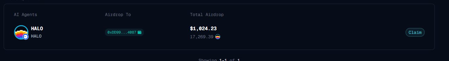 A dark interface showing an "AI Agents" section with "HALO" entry, an airdrop address "0xD99...4087," a total airdrop of "$1,024.23 / 17,269.39," and a "Claim" button.