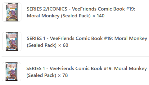 E-commerce listing showing three sealed pack options for VeeFriends Comic Book #19: Moral Monkey, including Series 1 and Series 2/Iconics editions with varying quantities (×140, ×60, ×78).