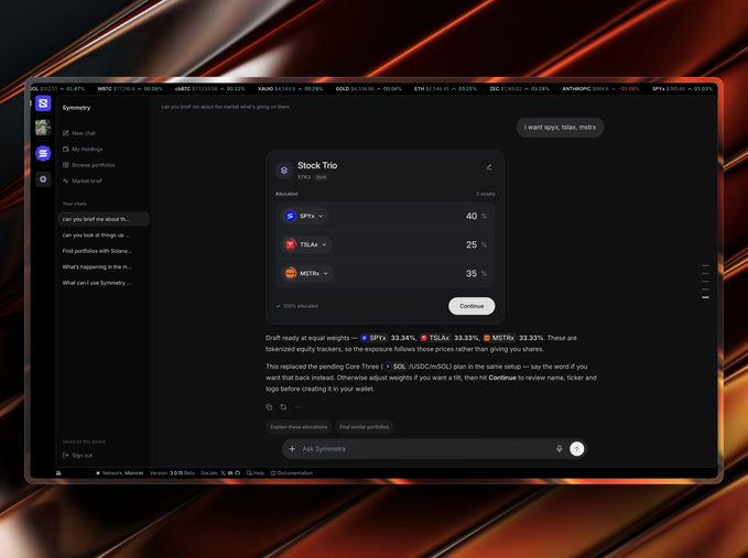 A screenshot of an AI-powered crypto trading platform called 'Symmetry' displaying a 'Stock Trio' portfolio allocation of $SPY (40%), $TSLA (25%), and $MSTR (35%).