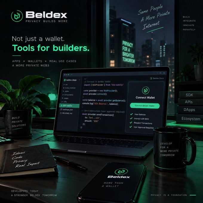 Promotional graphic for Beldex cryptocurrency wallet and developer tools, showing code on a laptop with messaging 'Privacy Builds More' and 'Tools for builders.'
