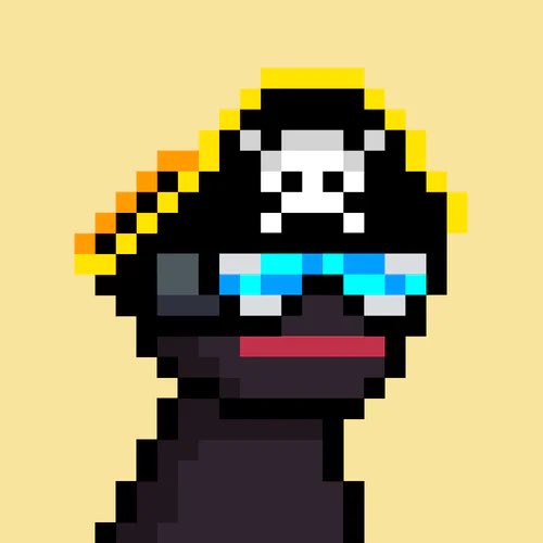 Pixel art of a skull-like character wearing a black hood with yellow and orange accents, a cyan and white visor, and a dark outfit against a yellow background.