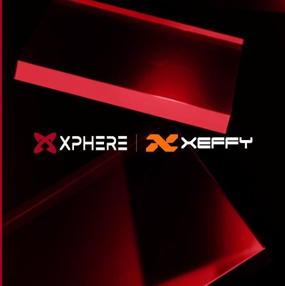 Promotional graphic with dark red lighting featuring the logos 'XPHERE' and 'XEFFY' side by side.
