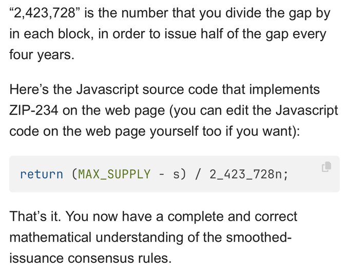 A text excerpt explaining cryptocurrency consensus rules, mentioning '2,423,728' as the divisor for issuing half of the gap every four years, along with a JavaScript code snippet showing `(MAX_SUPPLY - s) / 2_423_728n`.