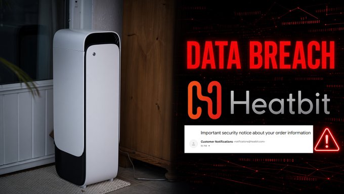 A white air purifier sits next to wooden furniture alongside a graphic warning of a 'DATA BREACH' from Heatbit, featuring a security notice about customer order information.
