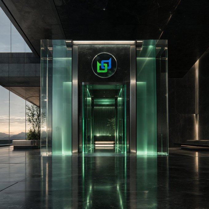 A sleek, modern architectural interior featuring a dark marble entrance with glowing green glass panels and a circular logo above the doorway.