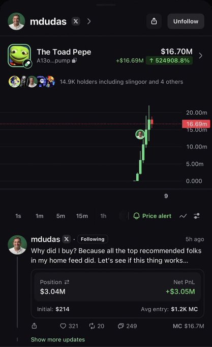 The image shows a crypto trading interface featuring "The Toad Pepe" (A13o...pump) token at $16.70M market cap, up 524,908.8%, with trader "mdudas" revealing a $3.04M position turned into a $3.05M profit from an initial $214 investment. This aligns with the post's boast about retiring off a single memecoin call, showcasing the massive gains from the $TOAD trade.