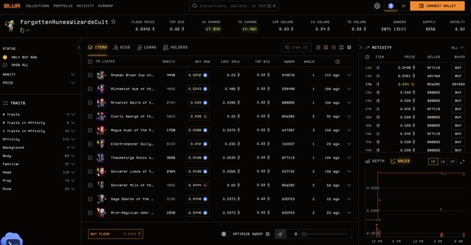 This image shows a screenshot of the Blur marketplace, displaying NFT listings for the "Forgotten Runes Wizards Cult" collection with their floor price, trading volume, and sale activity. The accompanying post questions what "SocialFi Pro" looks like and how it would differentiate from existing platforms like AxiomExchange.
