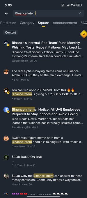 A mobile screenshot of a Binance news feed showing articles with 'Binance Intern' highlighted in yellow, including headlines about a 'Red Team,' phishing tests, UAE employees, and $BOB token news.