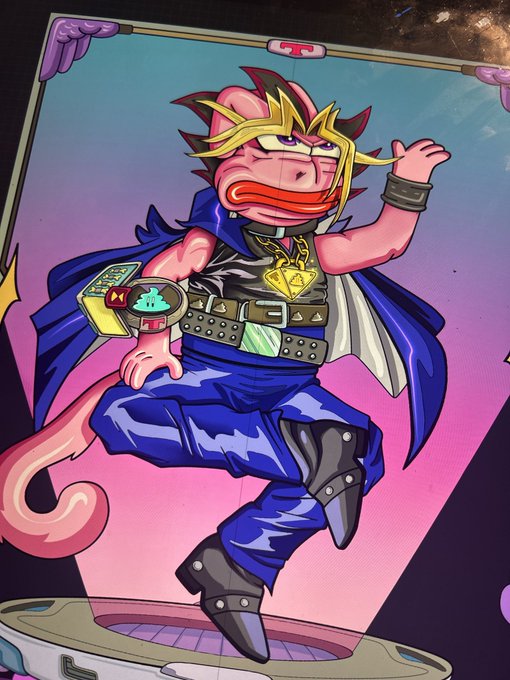 The image features a cartoon character with pink hair, dressed in blue pants and boots, holding a book and wearing a watch. The character appears to be dancing or jumping around while holding the book. The background of the image has a purple hue, which complements the character's outfit. The post that accompanies this image is titled "After two months of deep research I’ve understood the secret of happiness Feet pics & Nfts @PEPE_CARDS 10/ June". This suggests that the artist who created the cartoon character and the accompanying post has been researching and studying the concept of happiness, as indicated by the title.