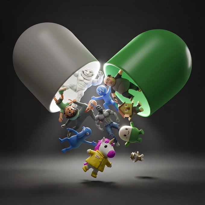 A 3D render shows various cartoonish character figurines—including a muscular troll-like figure, blue creatures, and a unicorn in a yellow raincoat—spilling out from a giant split white and green capsule pill, visually echoing the playful, chaotic energy of Solana memecoins.

The oversized pill serves as a fitting metaphor for the post's message about Solana memecoins, framing the colorful cast of whimsical characters as the "contents" or essence of the ecosystem—diverse, meme-driven, and emerging in abundance.