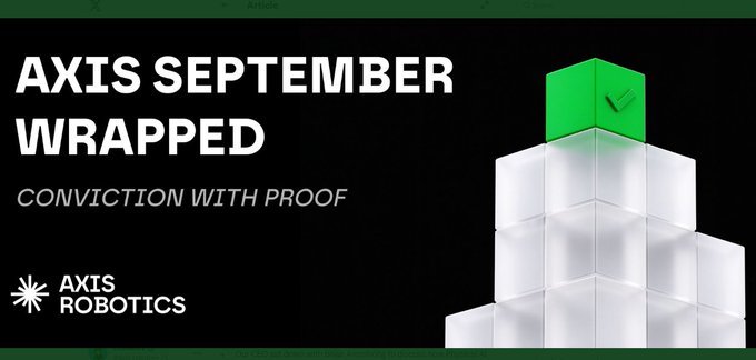 Image 1: A banner reading "AXIS SEPTEMBER WRAPPED - CONVICTION WITH PROOF" by Axis Robotics, featuring a green cube with a checkmark atop a stack of white cubes against a black background.