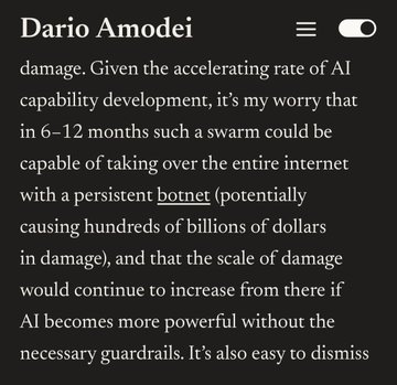 A screenshot from Dario Amodei featuring a quote warning that an AI swarm could take over the internet within 6–12 months via a "botnet," causing hundreds of billions in damage. The image directly supports the accompanying post's satirical point about bearish bitcoin sentiment amid escalating AI threats.
