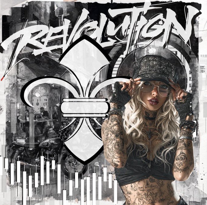 An album cover for 'Revolition' featuring a tattooed woman wearing a cap and glasses in front of a fleur-de-lis graphic and motorcycle background.