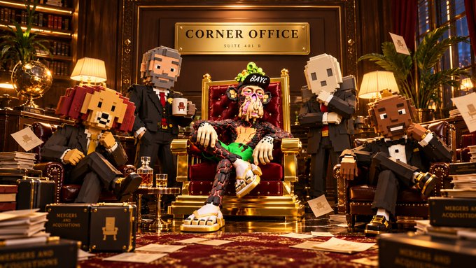 A pixelated 3D animation scene set in an opulent 'CORNER OFFICE' labeled 'SUITE 401 B', featuring blocky characters in suits surrounding a central figure seated on a throne, with briefcases reading 'MERGERS AND ACQUISITIONS' scattered around.