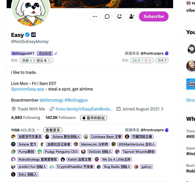 A Twitter/X profile page for 'Easy' (@NotSoEasyMoney) showing a verified badge, 147.2K followers, and a bio reading 'i like to trade' with tags like BoDoggosNFT and @k9strategy.