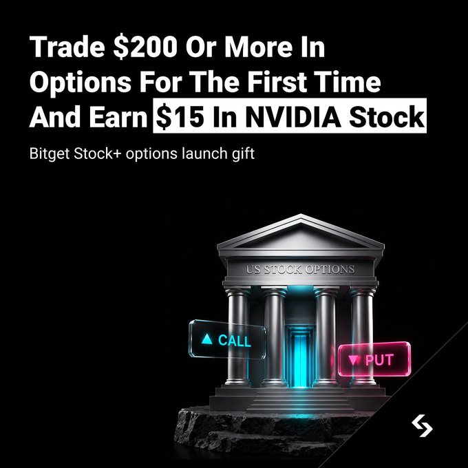 The image is a promotional graphic featuring a classical bank-like building labeled "U.S. STOCK OPTIONS" with glowing "CALL" (up arrow) and "PUT" (down arrow) neon signs, set against a black background. The headline reads "Trade $200 Or More In Options For The First Time And Earn $15 In NVIDIA Stock" with the subtitle "Bitget Stock+ options launch gift." This visual ties into the post's message by illustrating Bitget's new stock options platform and promoting the limited-time reward of $15 in $NVDA stock for first-time options traders who meet the trading threshold.