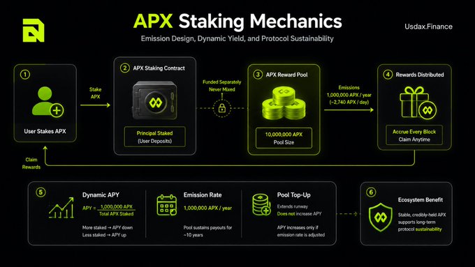 The image illustrates the APX staking mechanics through a six-step flowchart showing how users stake APX tokens into a separate reward pool, with a 10,000,000 APX pool size distributing 1,000,000 APX per year (~2,740 APX/day) as fixed emissions that accrue every block, supporting sustainable APY without touching user principal.