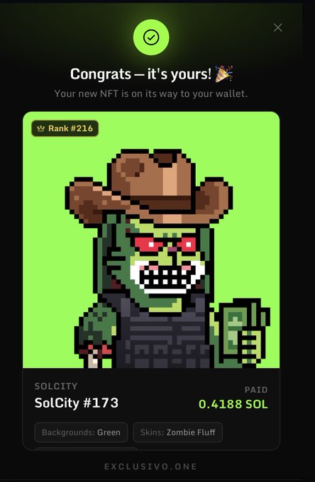 This screenshot shows a successful NFT purchase confirmation for "SolCity #173" (Rank #216) from the SolCity collection, which cost 0.4188 SOL. The image features a pixelated character with a cowboy hat and red eyes against a green background, representing the "Zombie Fluff" skin mentioned in the post.