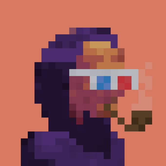 A pixel art portrait of a figure wearing dark sunglasses with a reflective white frame and orange/red highlights, set against a solid coral background.