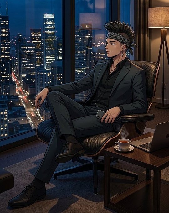 An anime-style illustration of a man in a dark suit with a bandana, sitting in a chair holding a phone, with a city skyline view at night behind him.