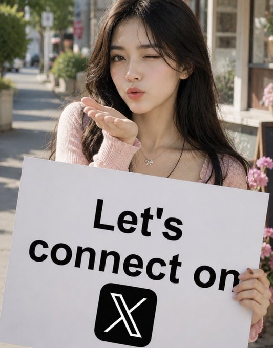 A young woman blowing a kiss while holding a sign that reads 'Let's connect on' with the X (formerly Twitter) logo.