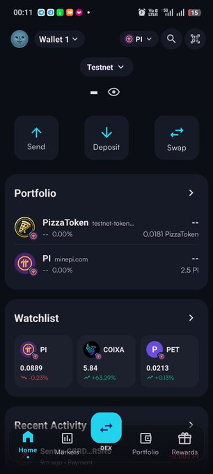 A mobile screenshot of a Pi Network wallet app on Testnet, showing a portfolio with 0.0181 PizzaToken and 2.5 Pi, along with a watchlist featuring PI (0.0889, -0.23%), COIXA (5.84, +63.29%), and PET (0.0213, +0.13%). The image illustrates the post's message about Pi DeFi infrastructure progress, highlighting available tokens within the wallet as developers "keep building" the ecosystem.