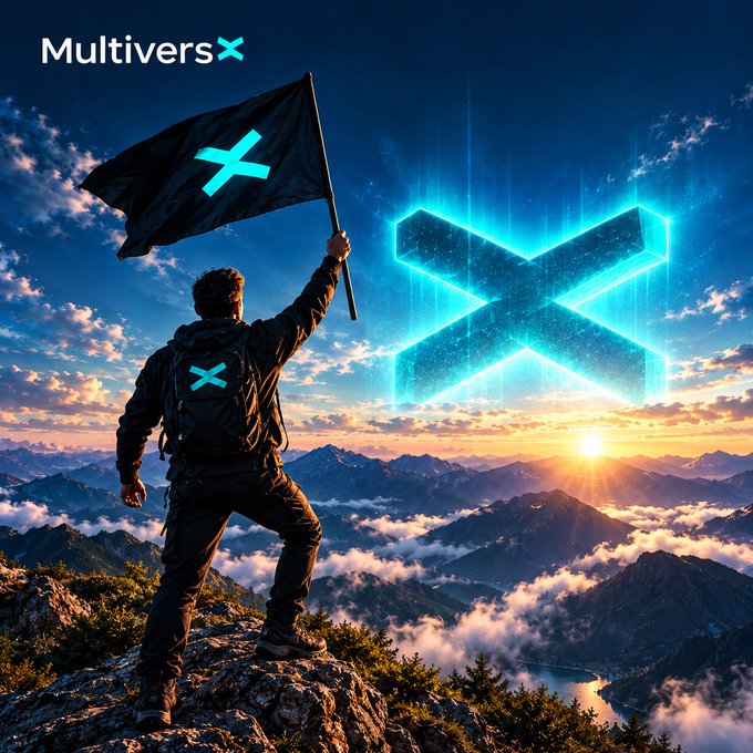 A promotional graphic for MultiversX showing a person with a backpack and X-logoed flag standing on a mountain peak, with a large glowing cyan X logo in the sunset sky.