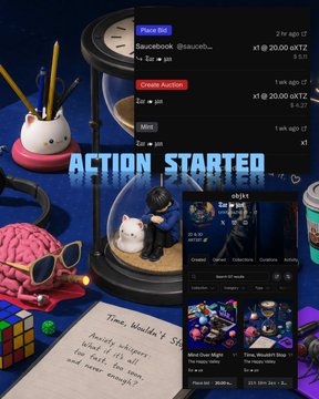 A collage-style promotional image titled 'ACTION STARTER' featuring a 3D rendered brain wearing sunglasses, a pencil holder, a Rubik's cube, and a jar with figurines, overlaid with screenshots of NFT auction listings with prices in 'KTZ'.