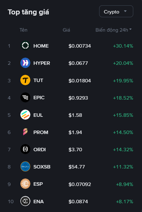 A Vietnamese-language crypto market screenshot titled 'Top tăng giá' lists the top 10 gainers including HOME (+30.14%), HYPER (+20.04%), TUT (+19.95%), EPIC (+18.52%), EUL, PROM, ORDI, SOXSB, ESP, and ENA.