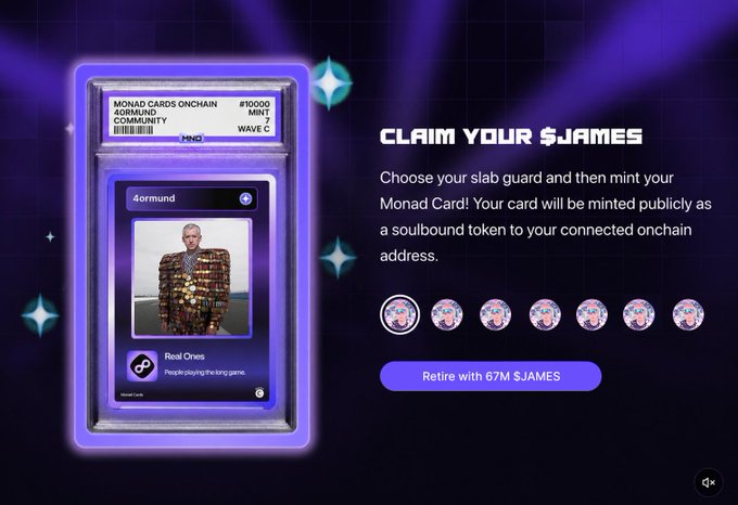 A digital collectible card interface for 'MonAd Cards onchain' showing a card featuring '4ormund' from the '40RMUND COMMUNITY', with text 'CLAIM YOUR $JAMES' and a button reading 'Retire with 67M $JAMES'.