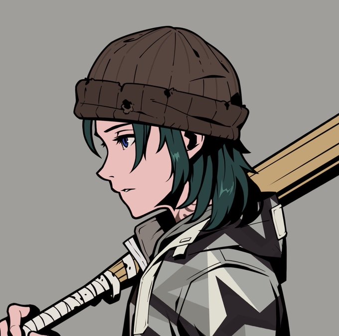 An anime-style digital illustration of a character with teal hair wearing a brown knit beanie and a jacket, carrying what appears to be a wooden staff or weapon over their shoulder.