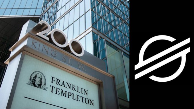 The image shows the exterior of 200 King St. W., the Franklin Templeton building, alongside the Stellar ($XLM) logo, highlighting the firm's launch of its $1.98 billion BENJI tokenized fund on the Stellar blockchain.