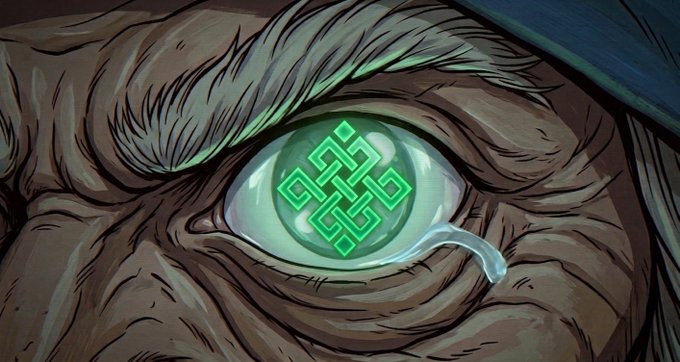 A fantasy illustration of a green glowing eye with a glowing knot symbol inside the iris.
