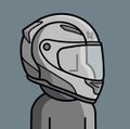 A simple digital illustration of a gray figure wearing a futuristic white helmet or headset with a dark visor.