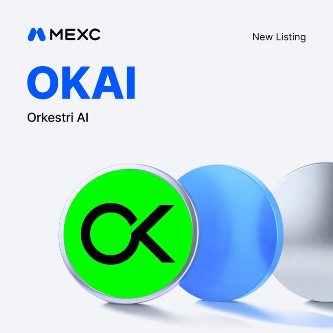 A promotional graphic for MEXC's new listing announcement featuring the OKAI (Orkestri AI) token, displaying the MEXC logo alongside "New Listing" text and three spherical token emblems—one green with the OK logo, one blue, and one white. The image directly illustrates the announcement that $OKAI/USDT trading will launch in MEXC's Innovation Zone on September 15, 2026.