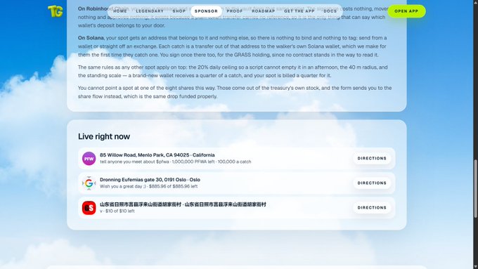 A Token Conversations website explains how 'On Robinhood' and 'On Solana' mechanisms work for tokenized assets, showing a 'Live right now' section with restaurants like Pineapple Garden Society and Dronning Eufemias gate accepting crypto payments.