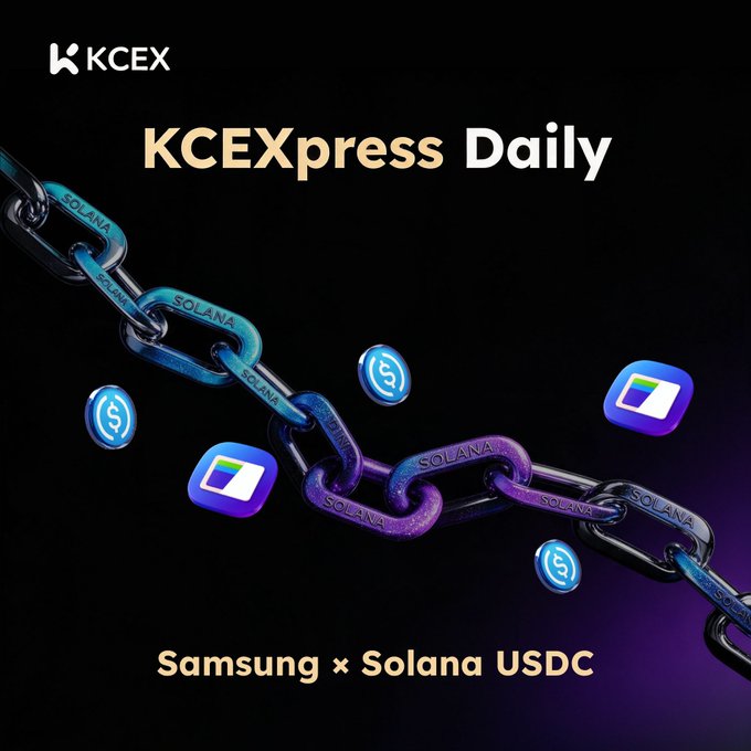 A promotional graphic titled 'KCEXpress Daily' featuring a chain with 'SOLANA' links and USDC coin icons, announcing 'Samsung × Solana USDC' at the bottom.