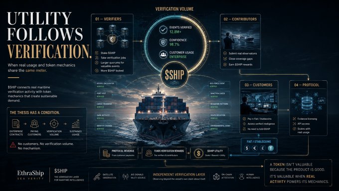 An infographic by EthraShip titled "UTILITY FOLLOWS VERIFICATION" explains how the $SHIP token connects real maritime verification activities, detailing verifiers, contributors, customers, and protocol revenue streams.
