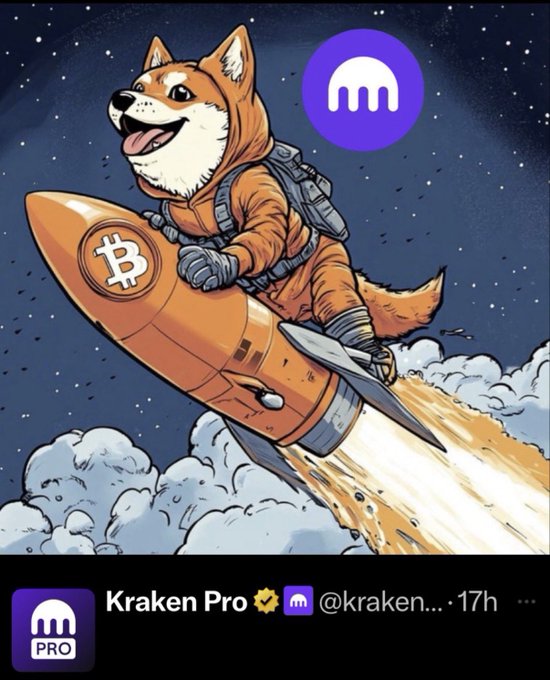 An illustration shows a Shiba Inu dog dressed as an astronaut riding a rocket emblazoned with the Bitcoin symbol, with a 'Kraken Pro' social media post overlay featuring the Kraken logo.