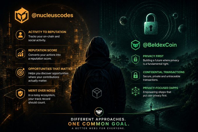 A dark-themed infographic contrasts two blockchain approaches, '@nucleuscodes' on the left focusing on activity and reputation, and '@BeldexCoin' on the right focusing on privacy, with the tagline 'DIFFERENT APPROACHES. ONE COMMON GOAL.'