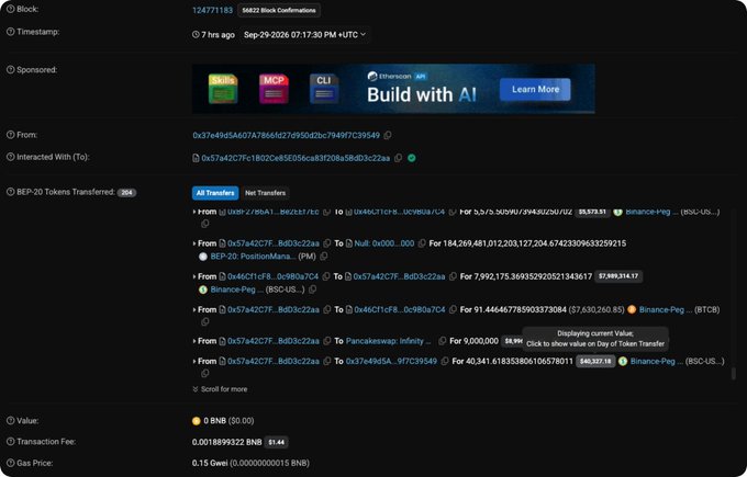 A BscScan BEP-20 transaction details page showing block 124771183 with 56,632 Block Confirmations, timestamp Sep-29-2026 07:17:30 PM UTC, transferring 9 BNB (~$0.00) with a transaction fee of 0.0018899322 BNB, showing multiple token transfers between Binance-Peg tokens.