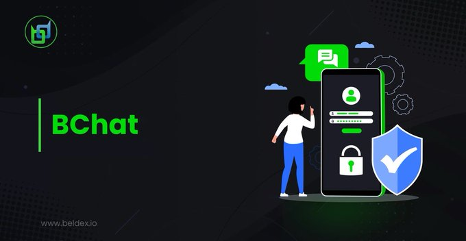 A promotional graphic for BChat (www.beldex.io) featuring an illustration of a person using a smartphone with chat and security shield icons, set against a dark background with a green logo.