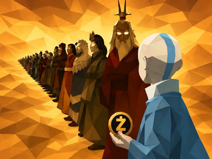 Low-poly digital art depicting a line of robed figures including a king with a crown, facing a bald figure holding a Zcash (ZEC) coin against an orange geometric background.