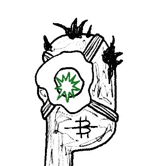 A crude sketch drawing of a figure with a green symbol on its face and dollar signs on its body, surrounded by black scribbles.
