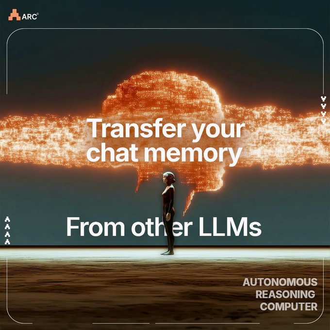 The image features a woman standing in front of a computer screen, with an orange cloud behind her that says "Transfer Your Chat Memory". Below this, there are two lines of text that read "From other LLLMS" and "Autonomous Reasoning Computer", suggesting that the image is promoting a chatbot or AI system. The woman appears to be in front of a computer screen, which further supports the idea that she might be interacting with an AI system.